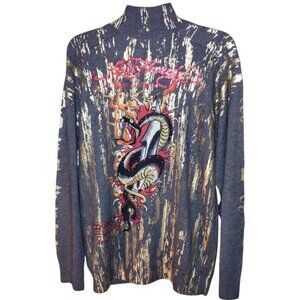 NWT Ed Hardy Charcoal/Gold Born Free Cardigan Sweater Wool Men’s Size L